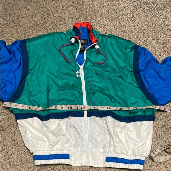 Vintage 80s/90s batwing nautical white Green and Blue Windbreaker Jacket - Picture 5 of 11